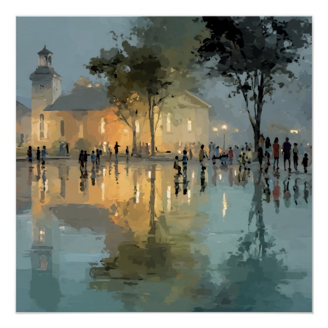 Evening Church Square Rain Reflections Poster (Front)