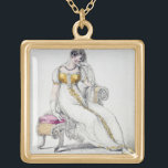 Evening dress or wedding dress, fashion plate from gold plated necklace<br><div class="desc">Image:102853  Evening dress or wedding dress,  fashion plate from Ackermann's Repository of Arts (coloured engraving). English School,  (19th century). Private Collection,  The Stapleton Collection.  Art,  Fine Art.</div>