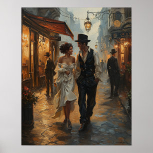 Evening Glow Steampunk Stroll Romantic Watercolor Poster