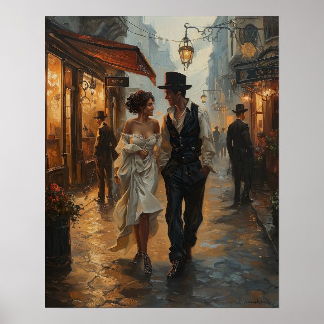 Evening Glow Steampunk Stroll Romantic Watercolor Poster (Front)