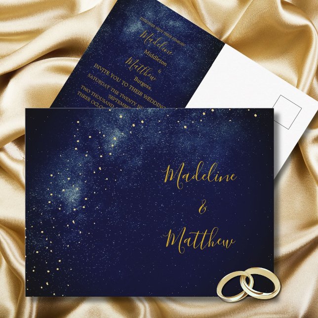 Evening Gold Stars Blue Astral Wedding Invitation Postcard (Creator Uploaded)