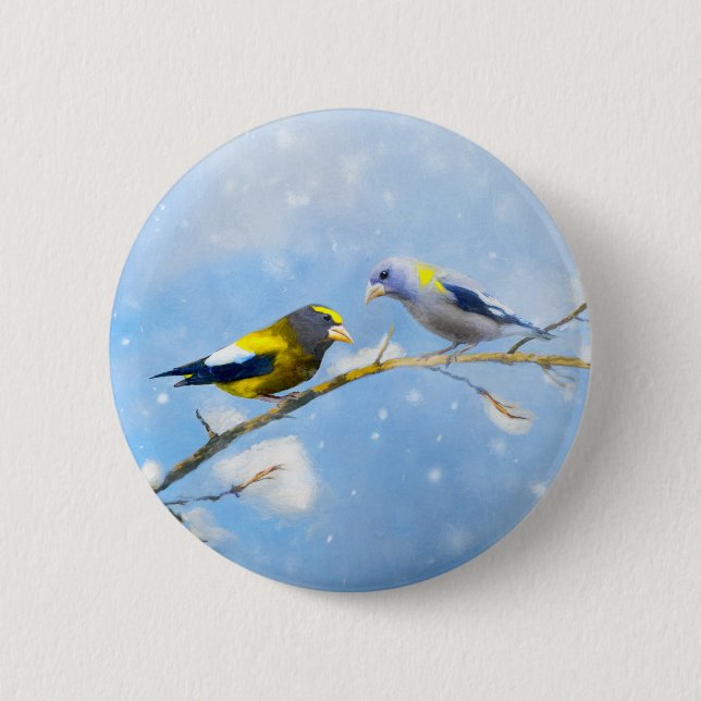 Evening Grosbeak Painting - Cute Original Dog Art Button (Front)