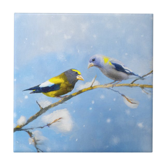 Evening Grosbeak Painting - Cute Original Dog Art Ceramic Tile (Front)
