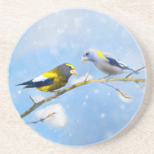 Evening Grosbeak Painting - Cute Original Dog Art Coaster