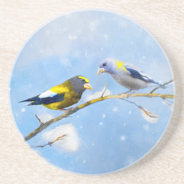 Evening Grosbeak Painting - Cute Original Dog Art Coaster (Front)