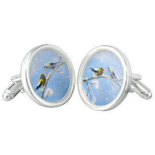Evening Grosbeak Painting - Cute Original Dog Art Cufflinks