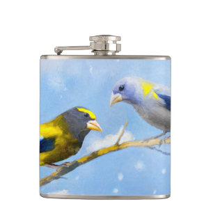Evening Grosbeak Painting - Cute Original Dog Art Flask