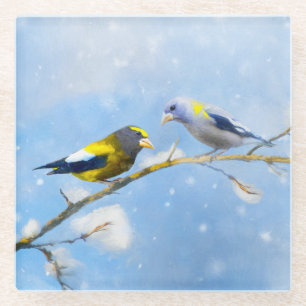 Evening Grosbeak Painting - Cute Original Dog Art Glass Coaster