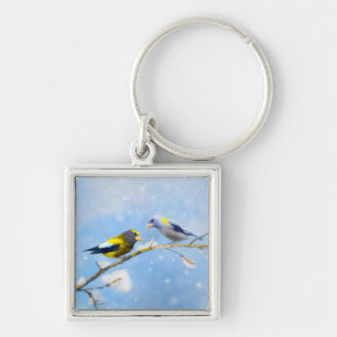 Evening Grosbeak Painting - Cute Original Dog Art Keychain