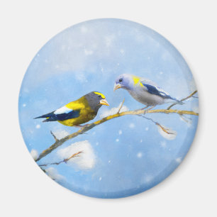 Evening Grosbeak Painting - Cute Original Dog Art Magnet