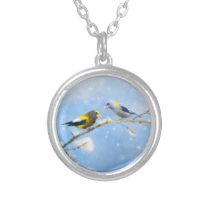 Evening Grosbeak Painting - Cute Original Dog Art Silver Plated Necklace