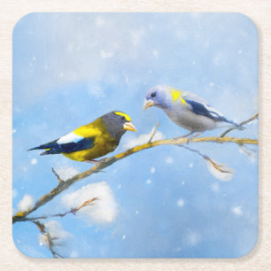 Evening Grosbeak Painting - Cute Original Dog Art Square Paper Coaster