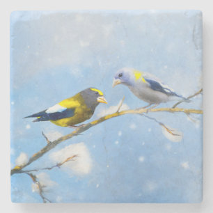 Evening Grosbeak Painting - Cute Original Dog Art Stone Coaster