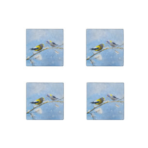 Evening Grosbeak Painting - Cute Original Dog Art Stone Magnet
