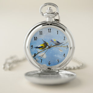 Evening Grosbeak Painting - Original Wild Bird Art Pocket Watch