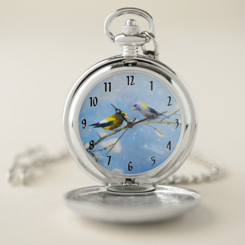 Evening Grosbeak Painting _ Original Wild Bird Art Pocket Watch