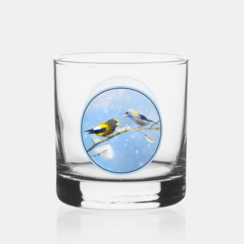 Evening Grosbeak Painting _ Original Wild Bird Art Whiskey Glass