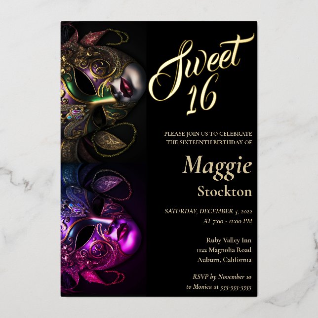 Evening Masquerade Sweet 16 Invitation Foil Foil Invitation (Front)