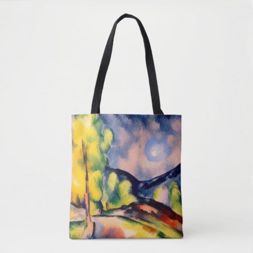 Evening mist over mountain valley tote bag