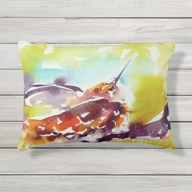"Evening Perch" Hummingbird Print on Outdoor Pillow (Front)