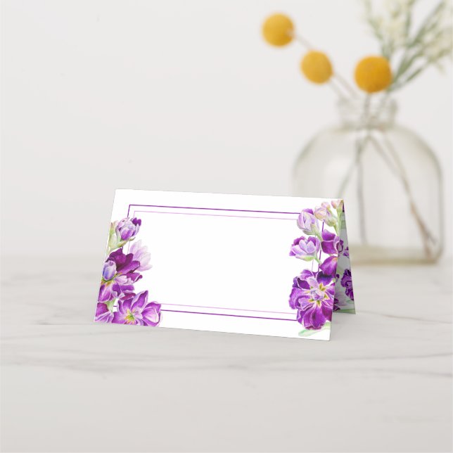 Evening scented stock flowers purple wedding place card (Front)