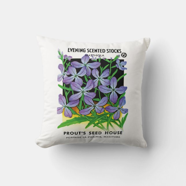 Evening Scented Stocks Flowers Seed Packet Label Throw Pillow (Front)