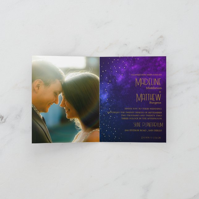 Evening Sky Astral Gold Star Photo Purple Wedding  Invitation (Inside)