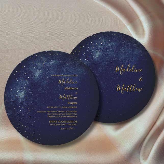 Evening Sky Astral Gold  Stars Blue Round Wedding Invitation (Creator Uploaded)