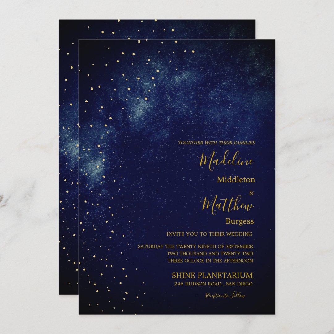 Evening Sky Astral Gold Stars Blue Wedding Invitation | Zazzle