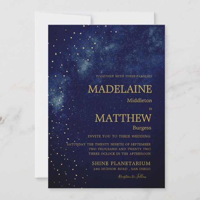 Evening Sky Astral Gold  Stars Blue  Wedding Invitation (Front)