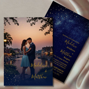 Evening Sky Astral Gold Stars Photo Blue Wedding Invitation