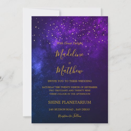 Evening Sky Celestial Gold  Stars Purple Wedding Invitation