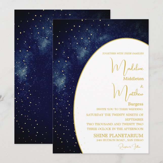 Evening Sky Gold Stars Blue  Modern Wedding Invitation (Front/Back)
