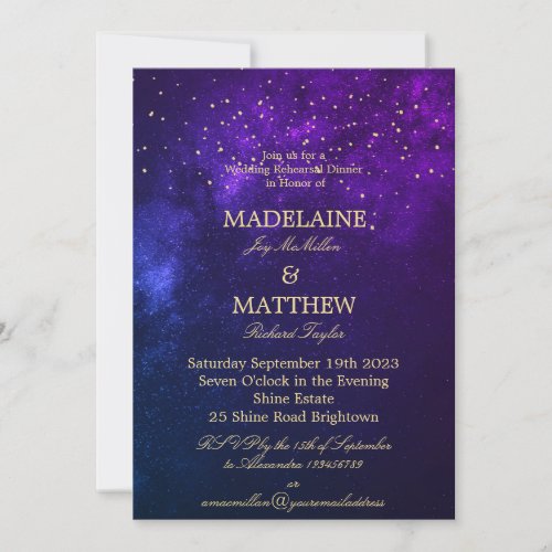 Evening Sky Gold Stars Purple Wedding Rehearsal  Invitation