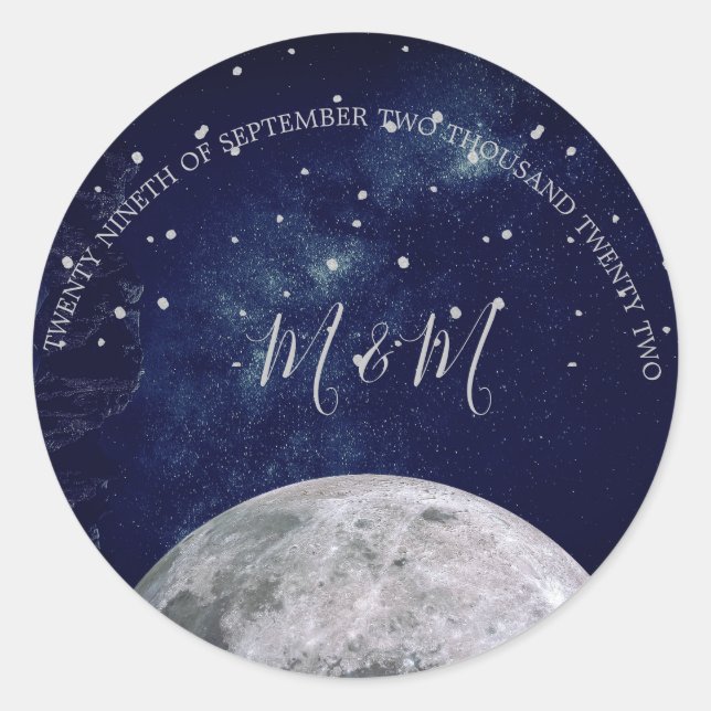 Evening Sky Moon Silver Stars Blue Wedding Classic Round Sticker (Front)