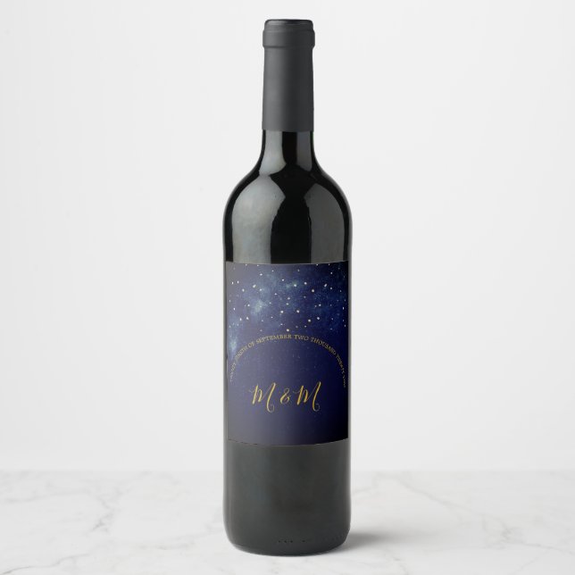 Evening Sky Stars Blue Personal Wedding Wine Label (Front)