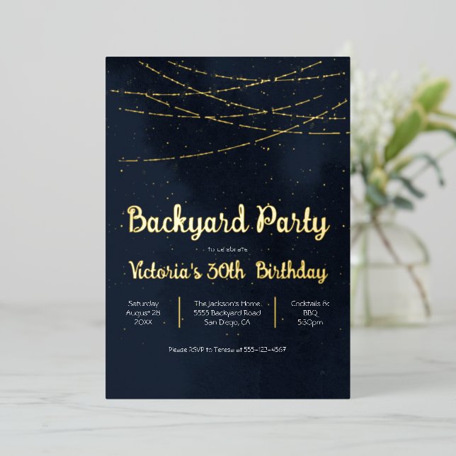 Evening Sky String of lights Backyard Party Foil Invitation (Standing Front)