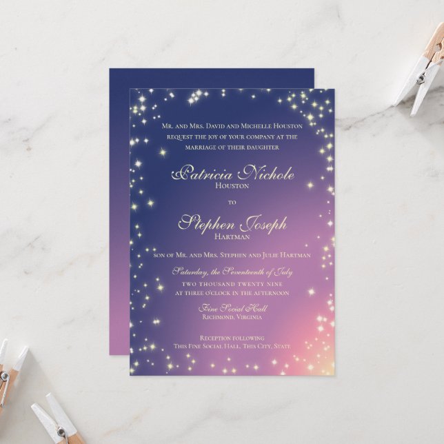 Evening Stars Twinkle Sky Wedding Invitation (Front/Back In Situ)