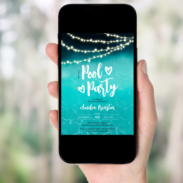 Evening String lights blue pool party Sweet 16 Invitation (Front Digital)