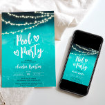 Evening String lights blue pool party Sweet 16 Invitation<br><div class="desc">Make a splash with our cool evening string lights Sweet 16 birthday invitations! Featuring a glowy yellow string lights on an ombre of pool water in blue,  turquoise with a fun modern brush script font and hearts. . Perfect for a Sweet 16 birthday party or any summer soiree.</div>