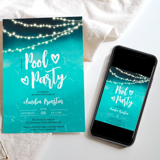 Evening String lights blue pool party Sweet 16 Invitation (Creator Uploaded)