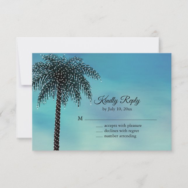 Evening String Lights Palm Tree RSVP turquoise Card (Front)