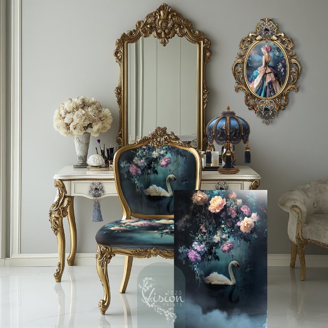 Evening Stroll, Dark Moody Fantasy Swan Tissue Paper (Evening Stroll, Swan Lake, Ethereal Floral Fantasy Digital Art Decoupage Tissue Paper )