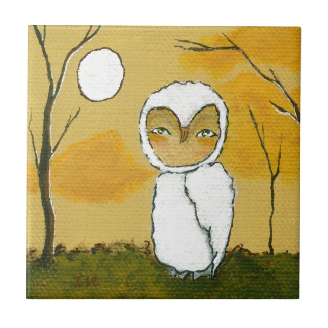 Evening Stroll, Whimsical Woodland White Owl Art Tile (Front)