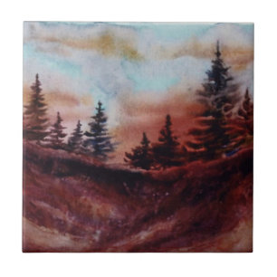 Evening sunset mountain ridge Pine Tree  Tile