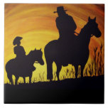Evening Sunset Ride Tile<br><div class="desc">A painting of a Boy and a Cowboy riding Horses at Sunset.</div>