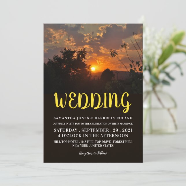 Evening Sunset Scene, Rustic Wedding Invitation (Standing Front)