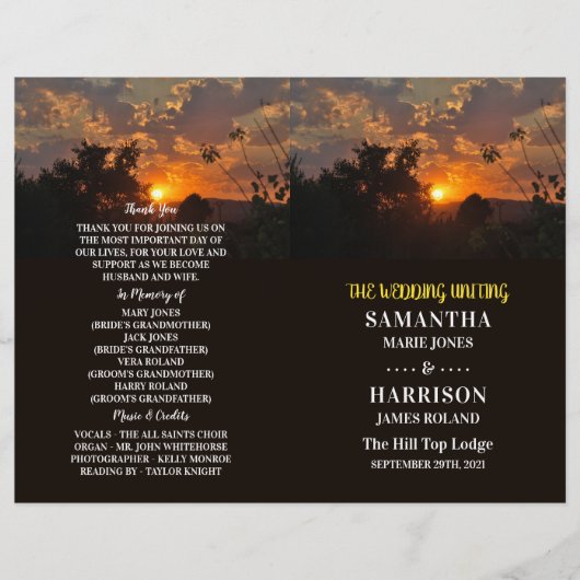 Evening Sunset Scene, Rustic Wedding Programme (Front)
