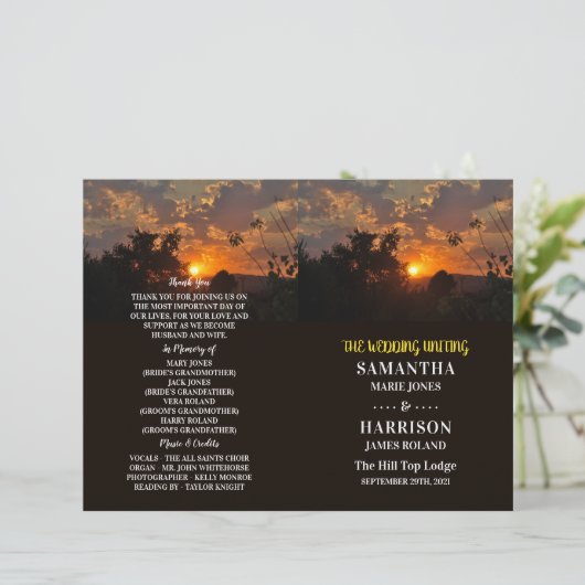 Evening Sunset Scene, Rustic Wedding Programme (Standing Front)