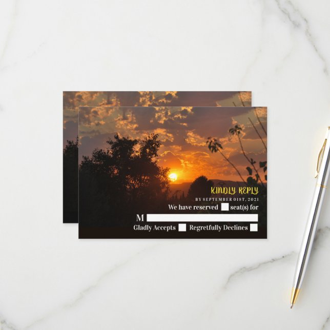 Evening Sunset Scene, Rustic Wedding RSVP Card (Front/Back In Situ)